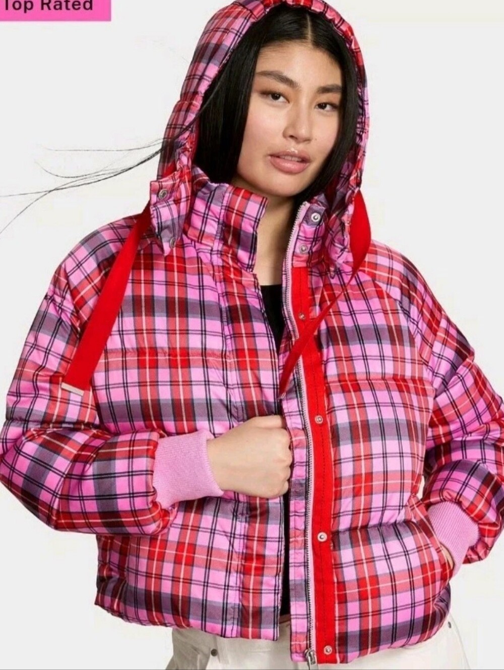 Victoria’s Secret/ PINK Marshmallow Puffer Coat Jacket Hooded Plaid Sz Small NEW